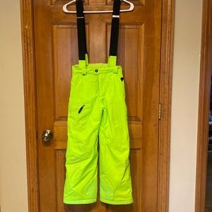 Girls green fluorescent Spyder bib, snow pants, size 10 that are adjustable